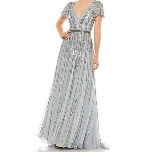 mac duggal sequin tiered long sleeve tulle dress Ieena for Mac Duggal Sequin Bodice Long-Sleeve Ruffle Tiered Midi dress Size 4